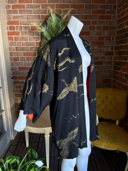 Mid Century Rayon Crepe Orange Black Gold Haori