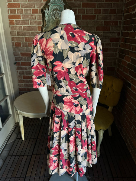 1990s Floral Rayon Crepe Dress