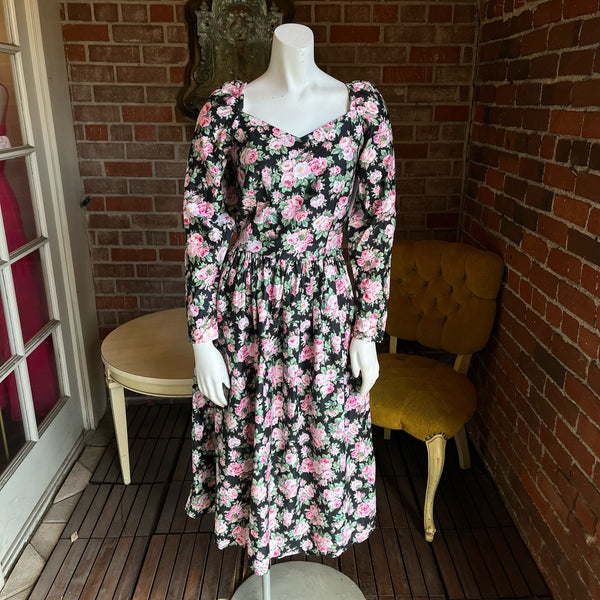 1980s Polished Cotton Roses Dress