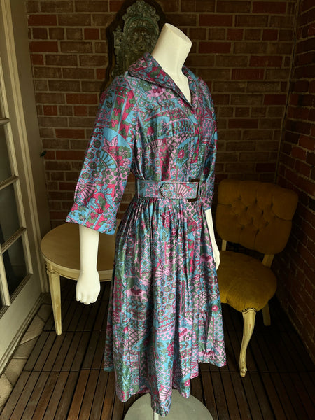 1960s Floral & Fans Dress