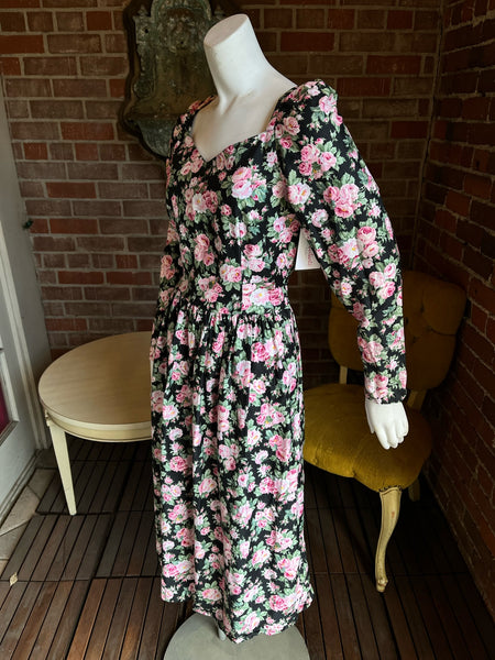 1980s Polished Cotton Roses Dress