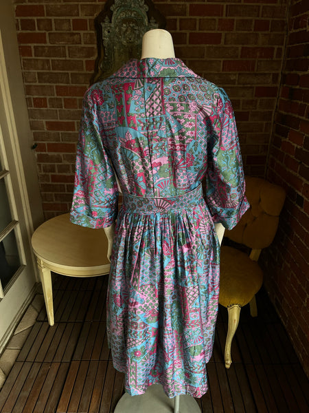 1960s Floral & Fans Dress