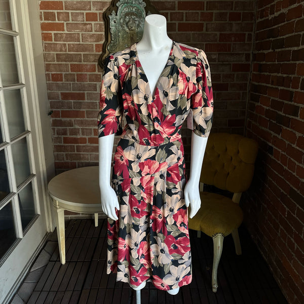 1990s Floral Rayon Crepe Dress