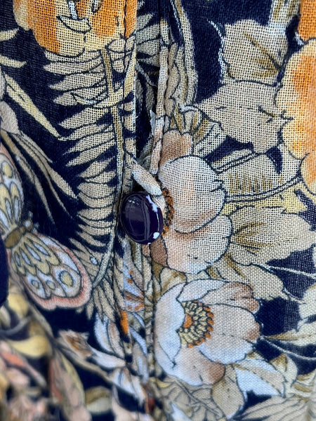 1970s Sheer Cotton Butterfly Floral Dress