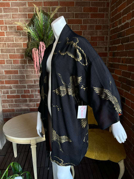 Mid Century Rayon Crepe Orange Black Gold Haori