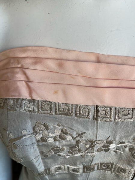 1950s Silk Embroidered Gray Pink Dress