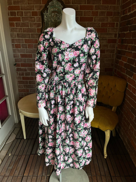1980s Polished Cotton Roses Dress