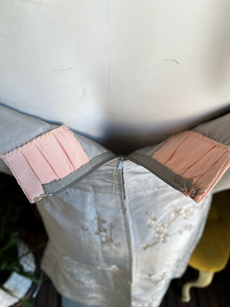 1950s Silk Embroidered Gray Pink Dress
