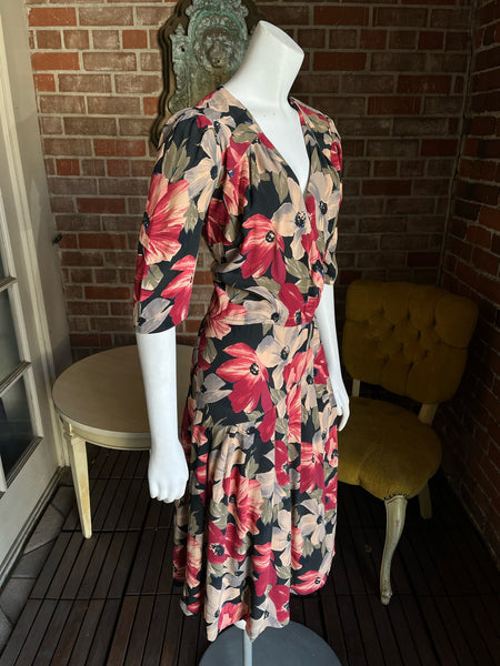 1990s Floral Rayon Crepe Dress