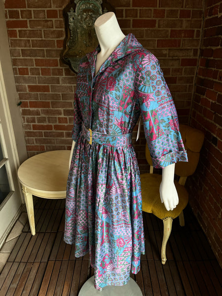 1960s Floral & Fans Dress