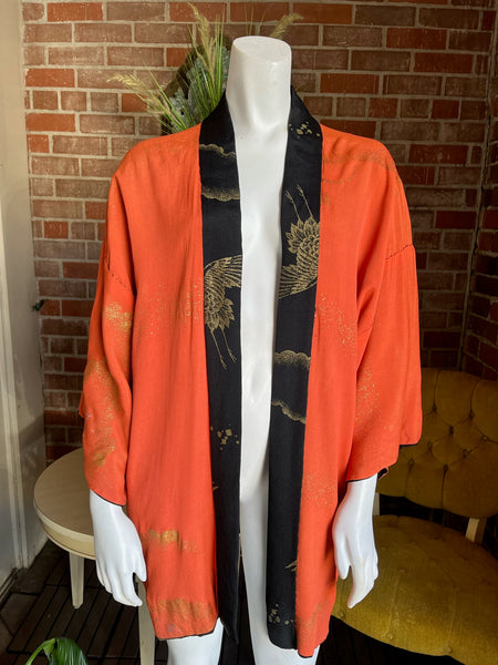 Mid Century Rayon Crepe Orange Black Gold Haori