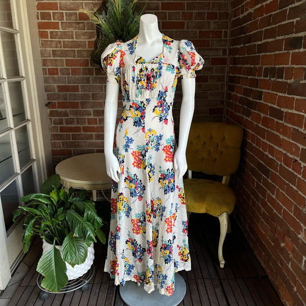 1930s Floral Print Gauze Puff Sleeve Dress