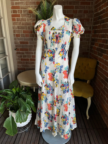 1930s Floral Print Gauze Puff Sleeve Dress