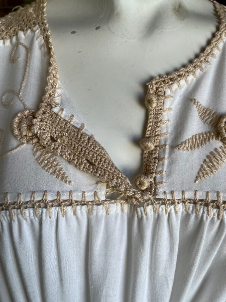 1970s White & Tan Embroidered Huipil Dress