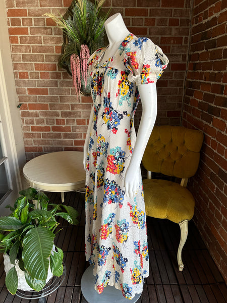 1930s Floral Print Gauze Puff Sleeve Dress