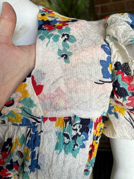 1930s Floral Print Gauze Puff Sleeve Dress