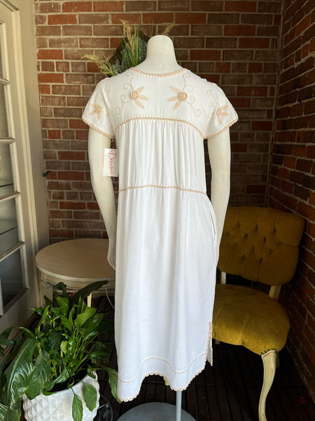 1970s White & Tan Embroidered Huipil Dress