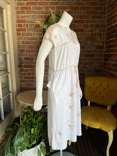 1970s White & Tan Embroidered Huipil Dress
