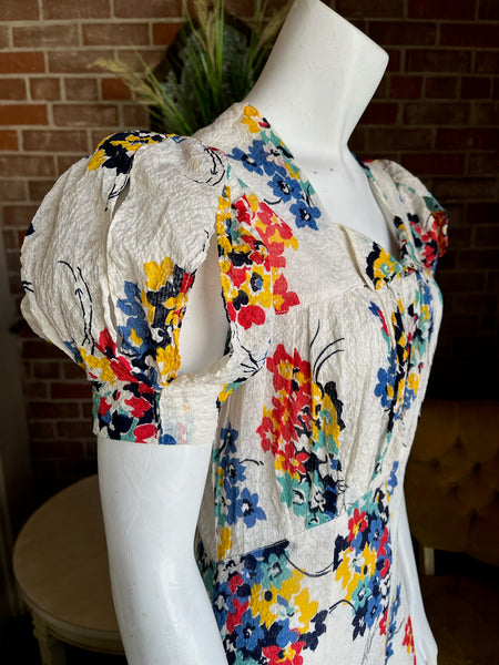 1930s Floral Print Gauze Puff Sleeve Dress