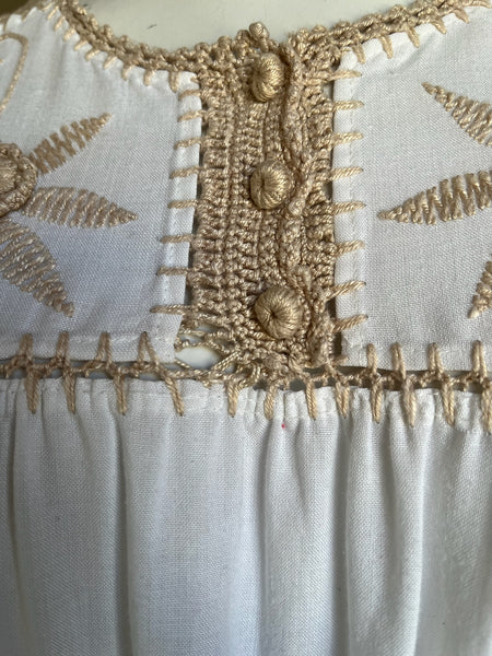1970s White & Tan Embroidered Huipil Dress