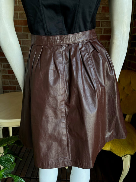 1970s Chocolate Leather Pleaded Mini Skirt