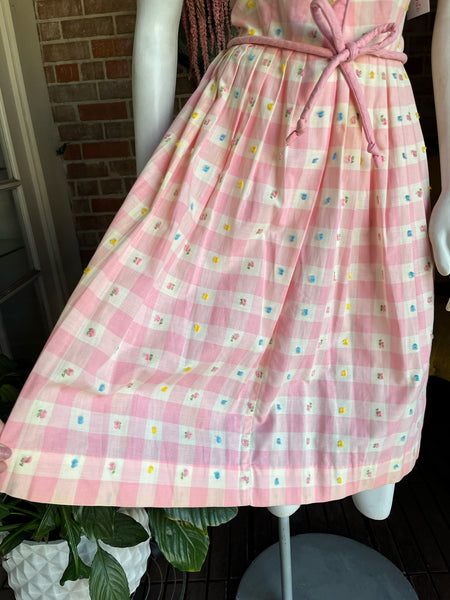 1940s Pink Gingham Floral Dress
