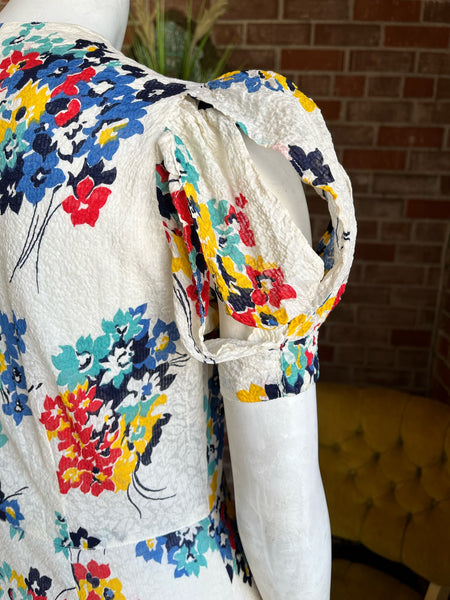 1930s Floral Print Gauze Puff Sleeve Dress