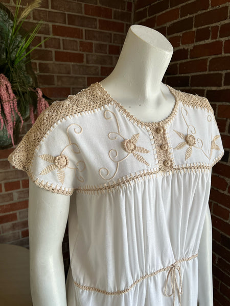 1970s White & Tan Embroidered Huipil Dress