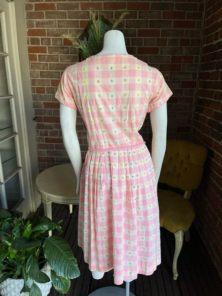 1940s Pink Gingham Floral Dress