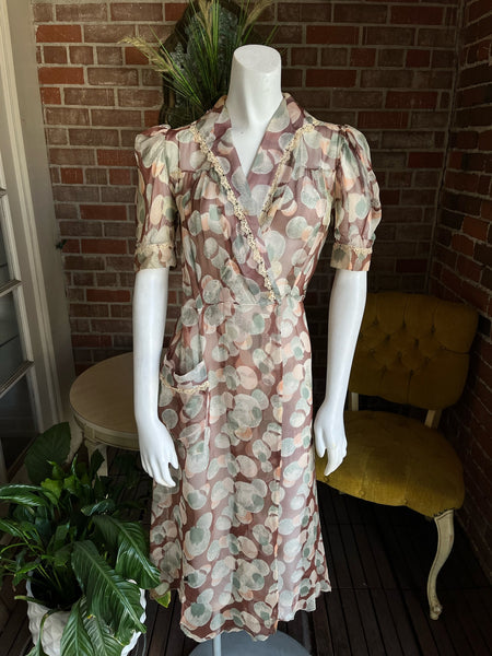 1930s Silk Chiffon Abstract Floral Dress