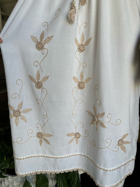 1970s White & Tan Embroidered Huipil Dress