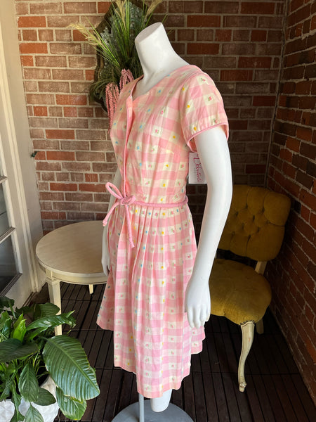 1940s Pink Gingham Floral Dress