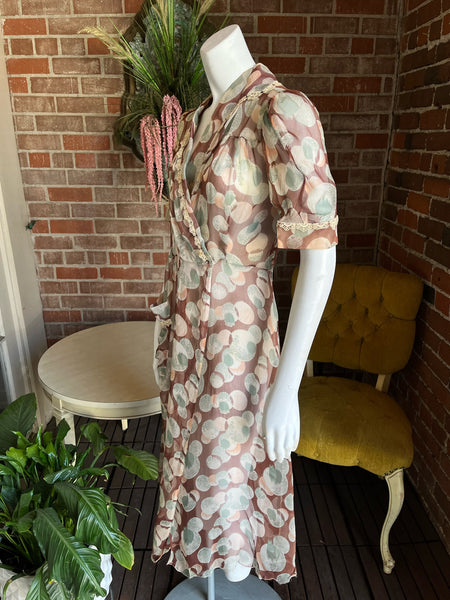 1930s Silk Chiffon Abstract Floral Dress