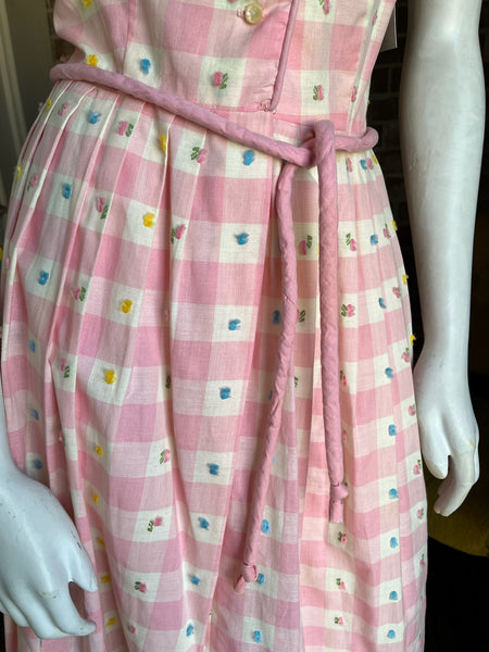 1940s Pink Gingham Floral Dress