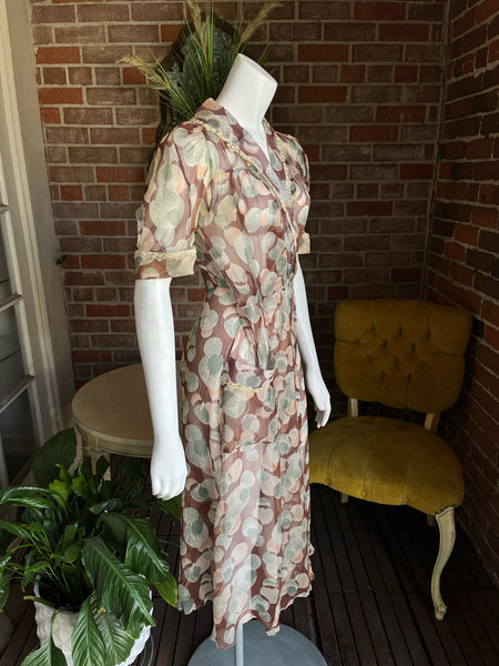 1930s Silk Chiffon Abstract Floral Dress