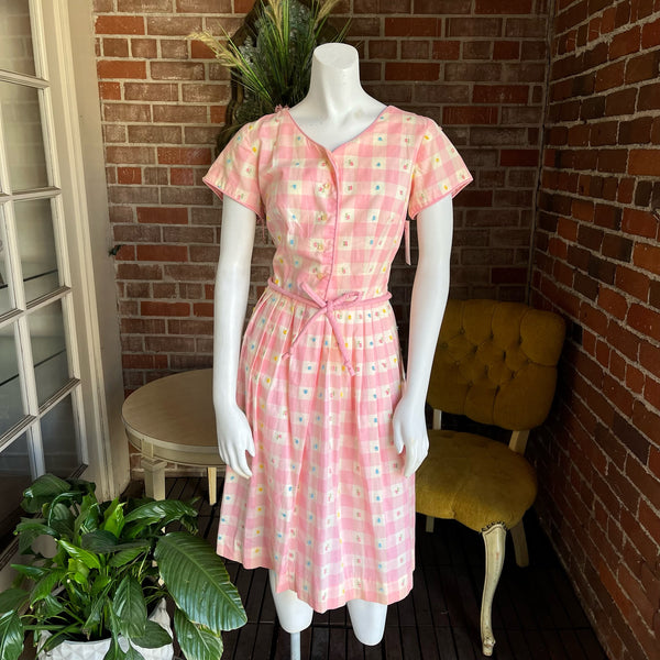 1940s Pink Gingham Floral Dress