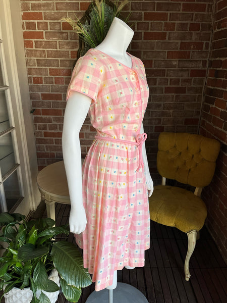 1940s Pink Gingham Floral Dress