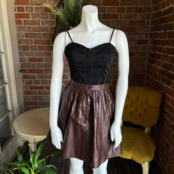 1970s Chocolate Leather Pleaded Mini Skirt