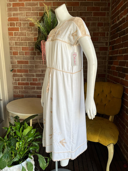 1970s White & Tan Embroidered Huipil Dress