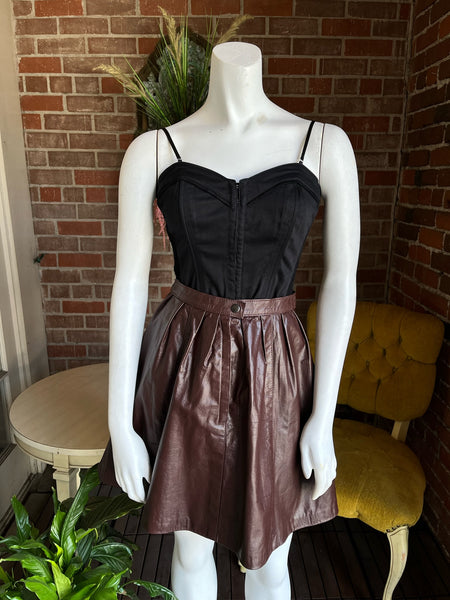 1970s Chocolate Leather Pleaded Mini Skirt