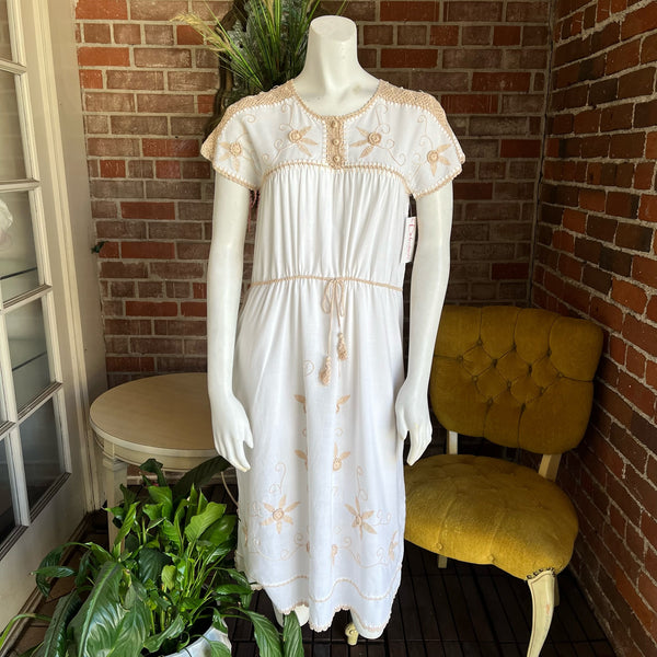 1970s White & Tan Embroidered Huipil Dress