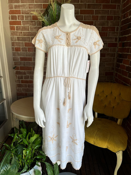 1970s White & Tan Embroidered Huipil Dress