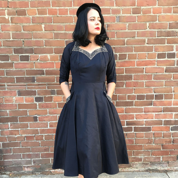 1950s Femme Fatale Taffeta Beaded Dress