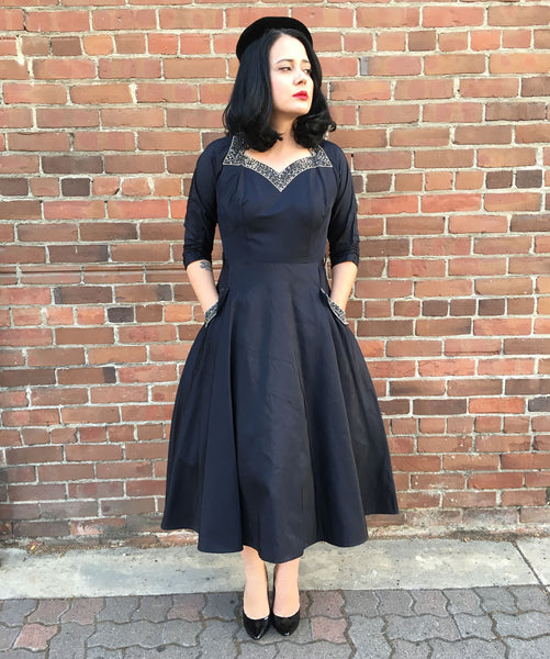 1950s Femme Fatale Taffeta Beaded Dress