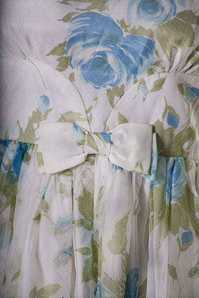 1950s Blue Floral Chiffon Party Dress