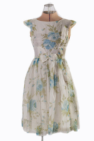 1950s Blue Floral Chiffon Party Dress