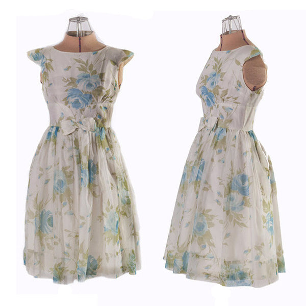 1950s Blue Floral Chiffon Party Dress