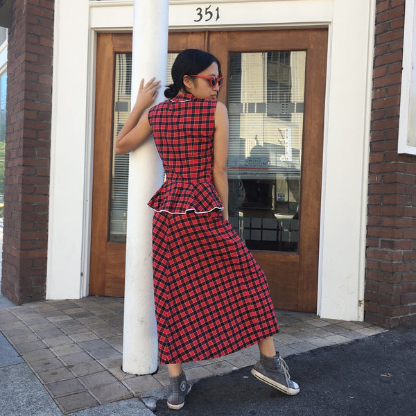 1940's Red Plaid Peplum Dress