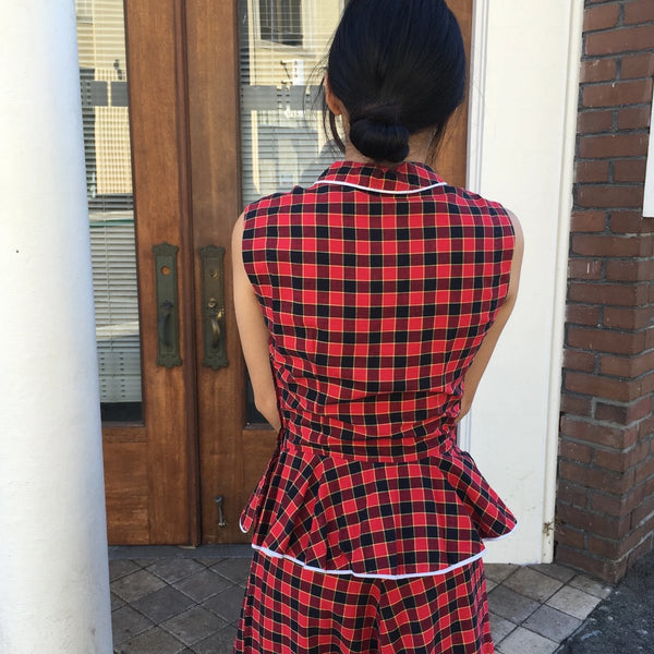 1940's Red Plaid Peplum Dress