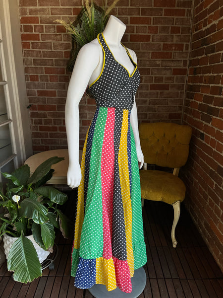 1970s Rainbow Polka Dot Maxi Halter Dress